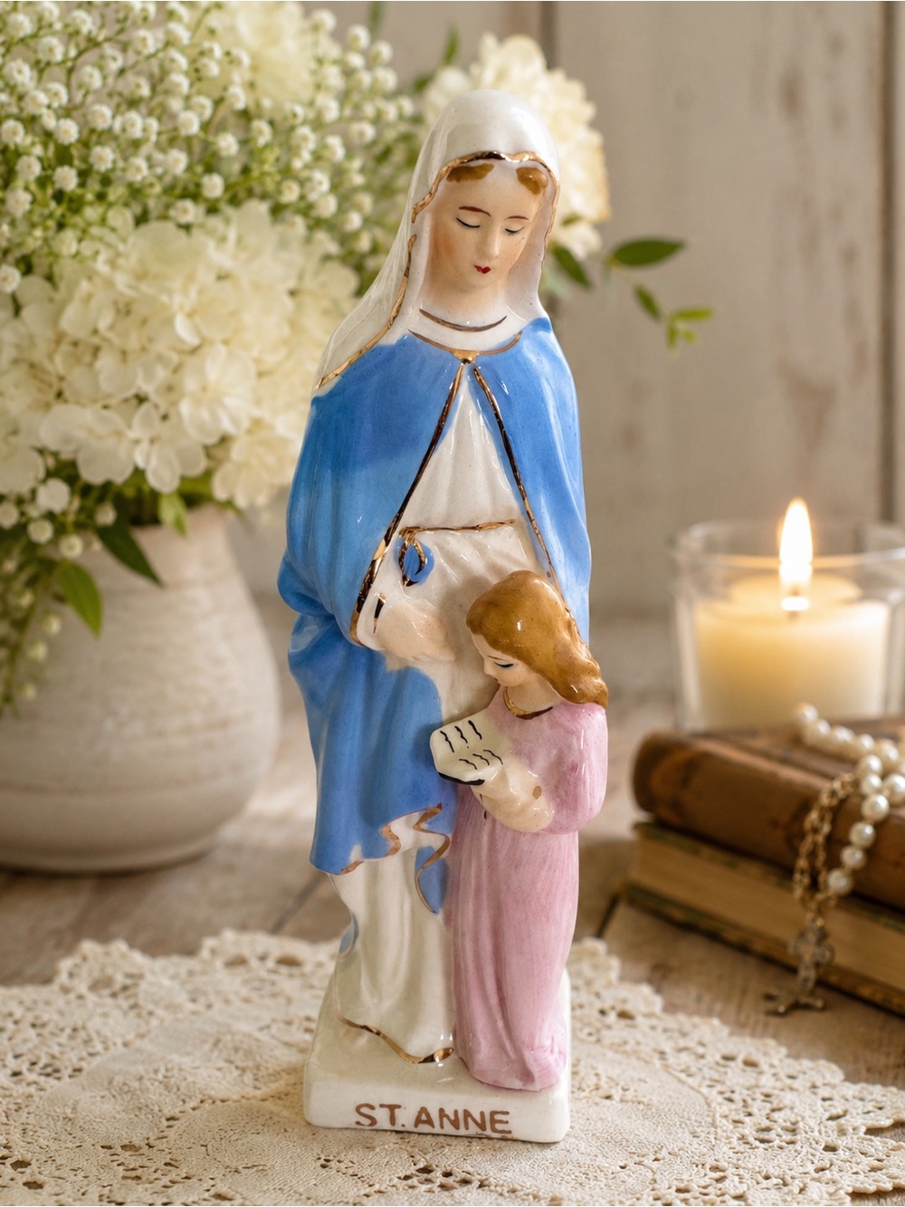 Vintage St. Anne Ceramic Statue Catholic Religious Holy Figurine Gold Trim 6.5"